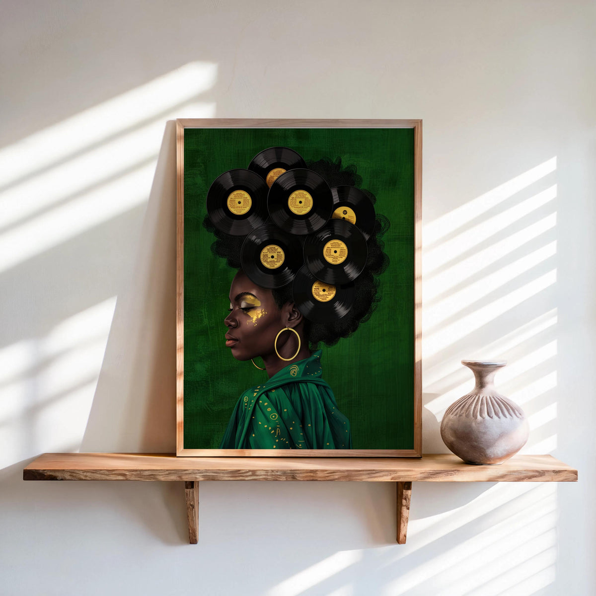 Black Woman Vinyl Record Hair Print, Retro Afro Wall Art, African American Music Poster, Gold Boho Room Decor, Vintage Melanin Canvas