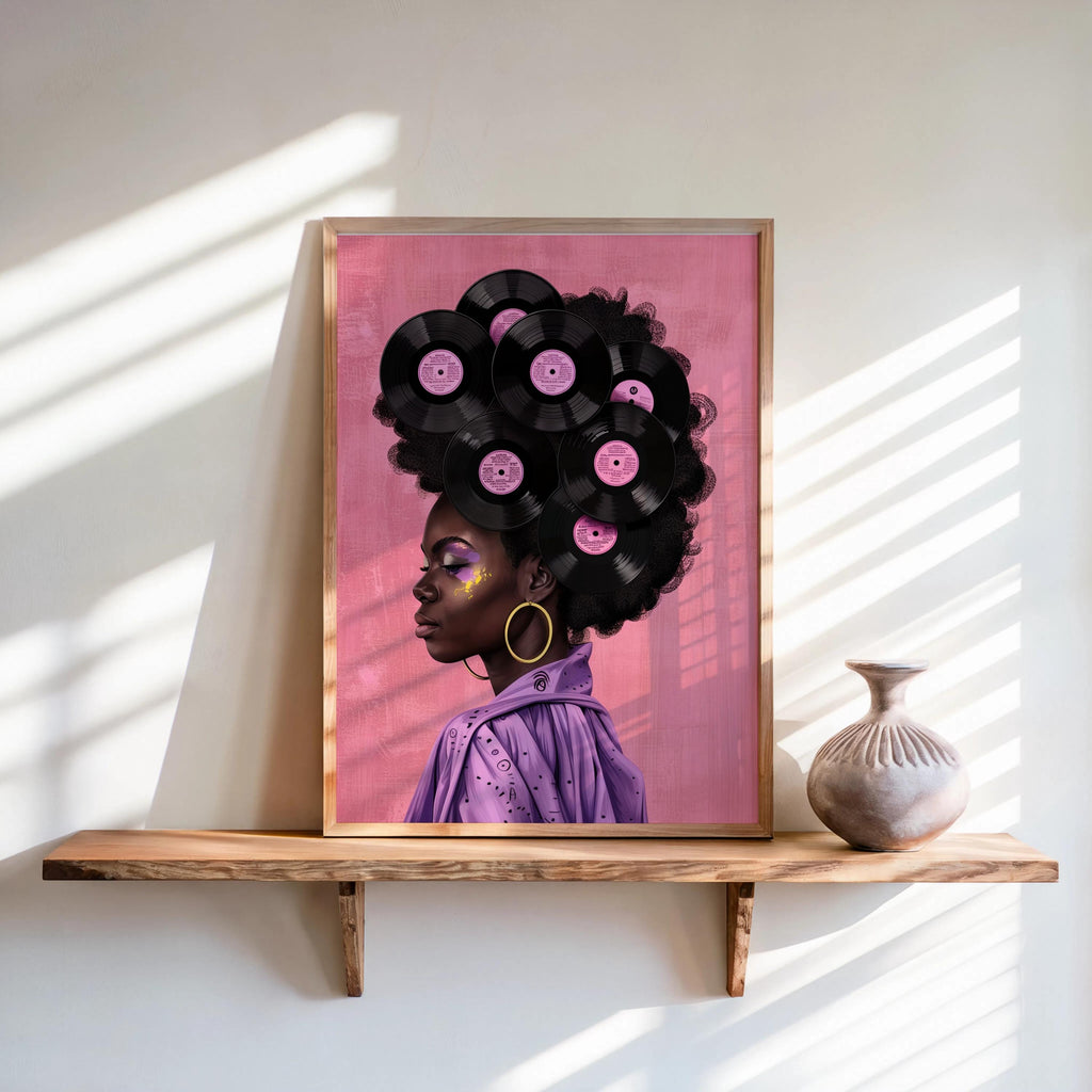 Black Woman Vinyl Record Hair Print, Retro Afro Wall Art, African American Music Poster, Gold Boho Room Decor, Vintage Melanin Canvas