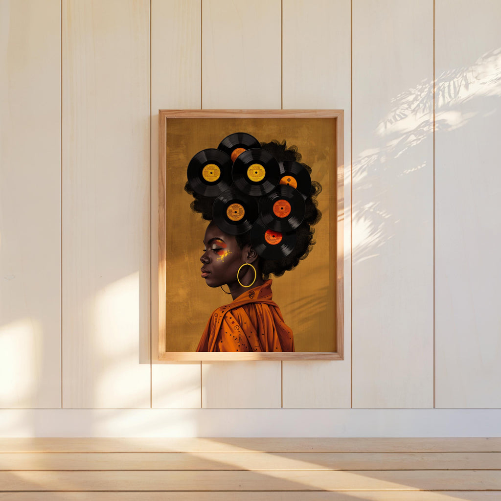 Black Woman Vinyl Record Hair Print, Retro Afro Wall Art, African American Music Poster, Gold Boho Room Decor, Vintage Melanin Canvas