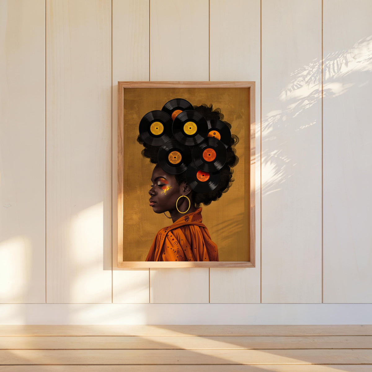 Black Woman Vinyl Record Hair Print, Retro Afro Wall Art, African American Music Poster, Gold Boho Room Decor, Vintage Melanin Canvas
