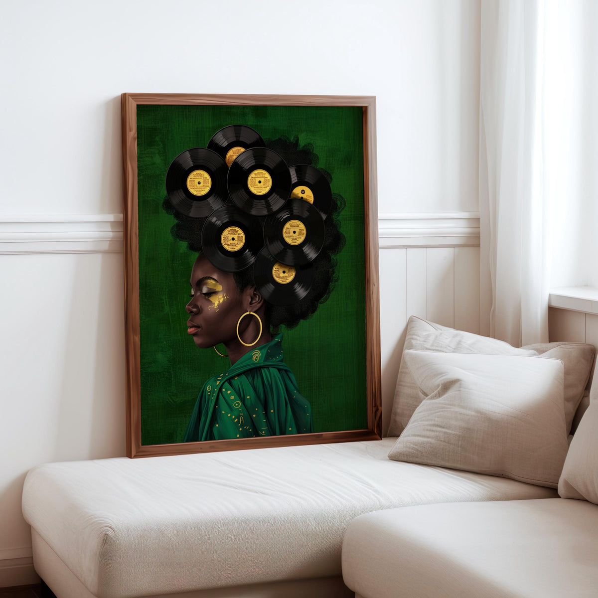 Black Woman Vinyl Record Hair Print, Retro Afro Wall Art, African American Music Poster, Gold Boho Room Decor, Vintage Melanin Canvas