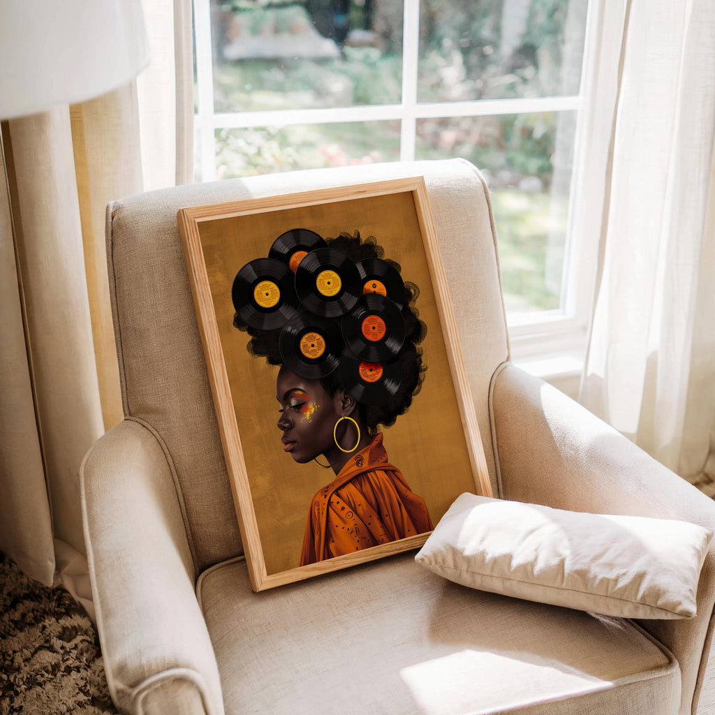 Black Woman Vinyl Record Hair Print, Retro Afro Wall Art, African American Music Poster, Gold Boho Room Decor, Vintage Melanin Canvas