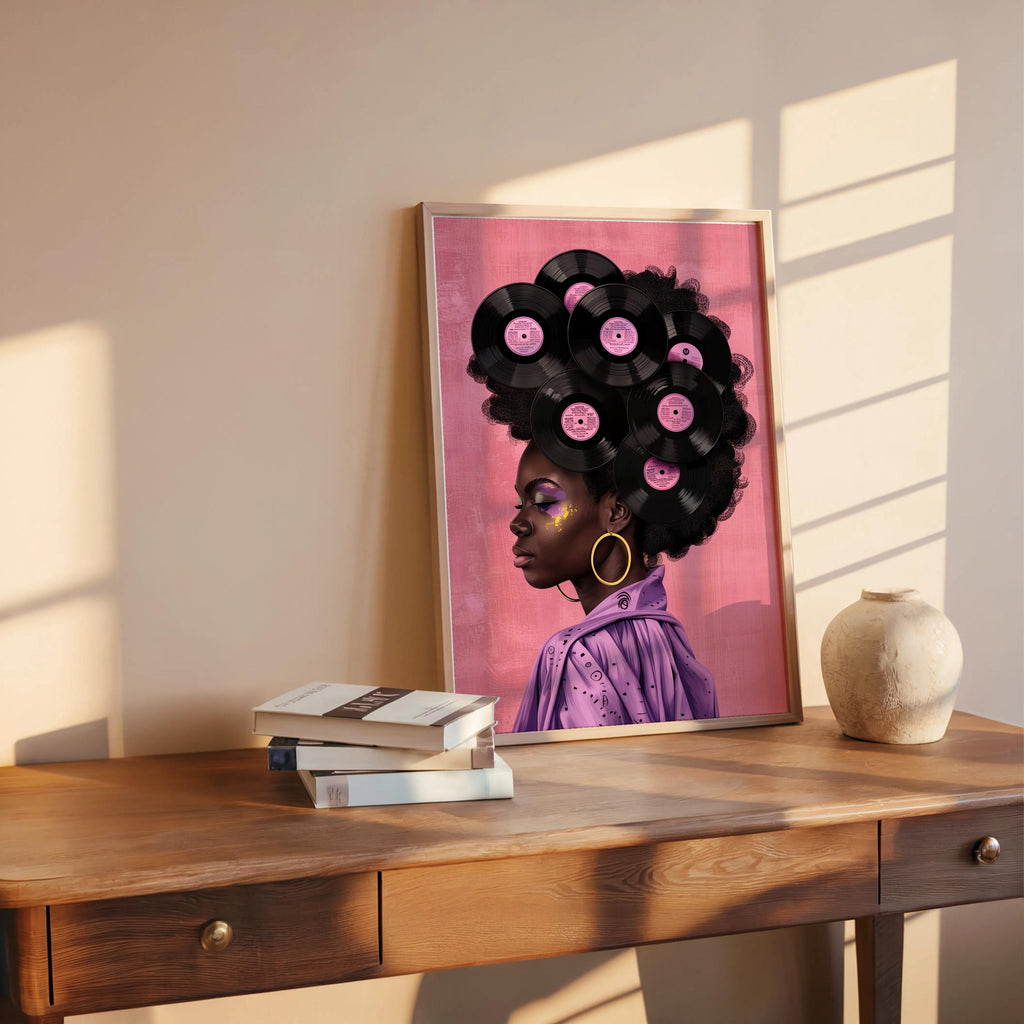Black Woman Vinyl Record Hair Print, Retro Afro Wall Art, African American Music Poster, Gold Boho Room Decor, Vintage Melanin Canvas