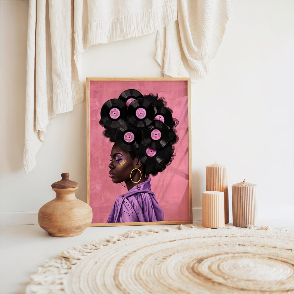 Black Woman Vinyl Record Hair Print, Retro Afro Wall Art, African American Music Poster, Gold Boho Room Decor, Vintage Melanin Canvas