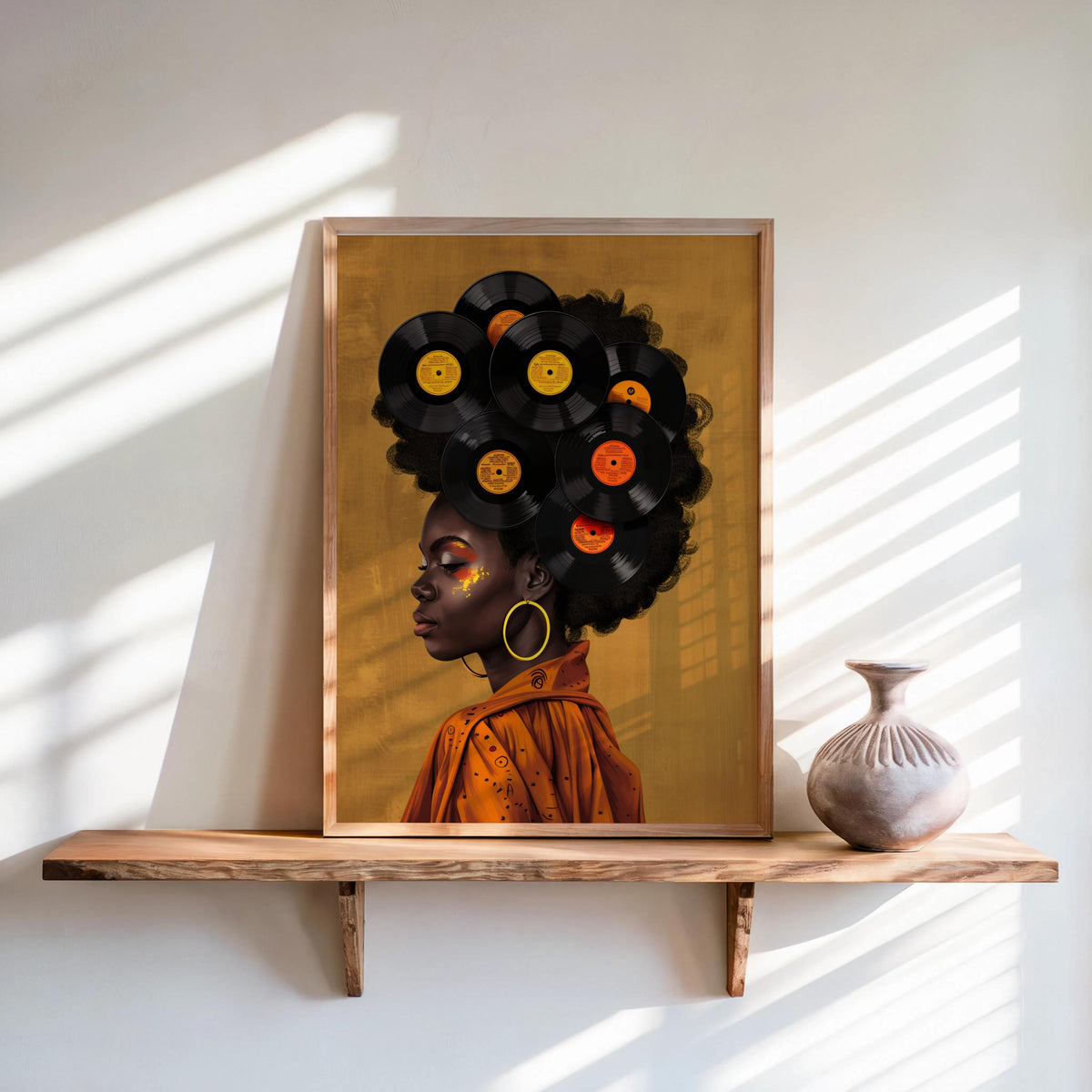 Black Woman Vinyl Record Hair Print, Retro Afro Wall Art, African American Music Poster, Gold Boho Room Decor, Vintage Melanin Canvas