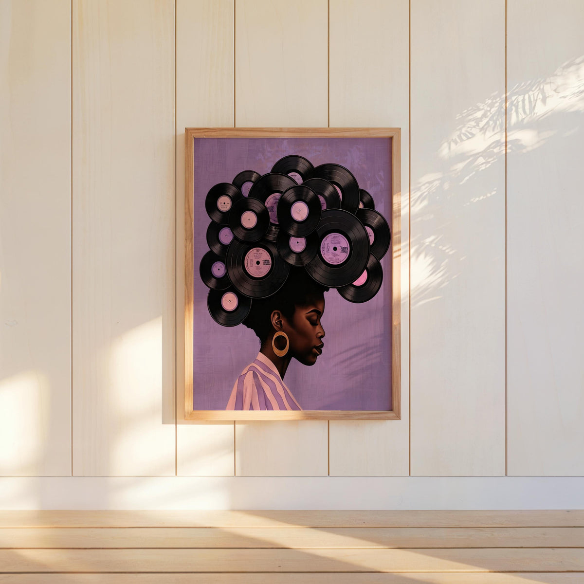 Centered lavender print mounted on wall, clean lines spotlight the regal profile and vinyl record crown, black woman vinyl record wall art