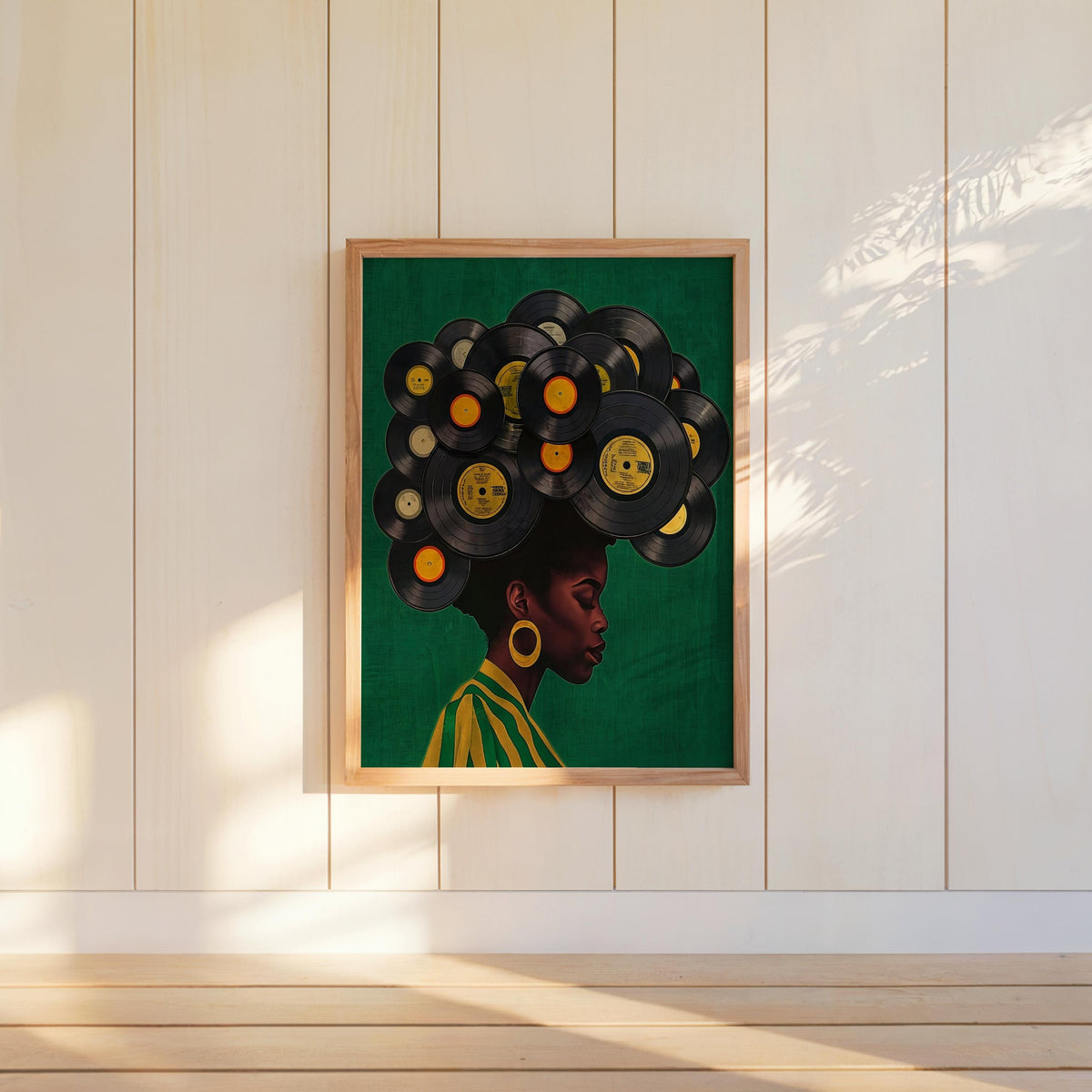 Green variant framed and wall-mounted, warm sunlight highlights the retro afro made of records, black woman vinyl record wall art