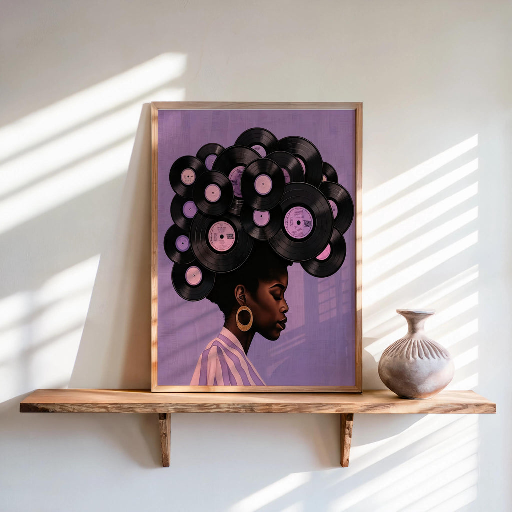 Lavender backdrop in a wooden frame, vinyl record crown with pink labels, editorial vibe, black woman vinyl record wall art