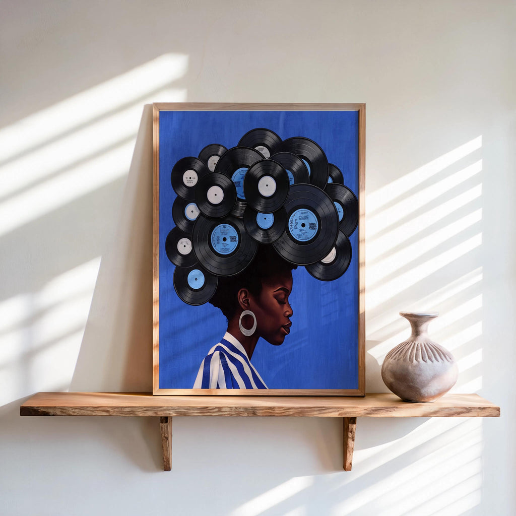 Saturated cobalt framed print, striped outfit visible, layered vinyl records with blue labels, black woman vinyl record wall art