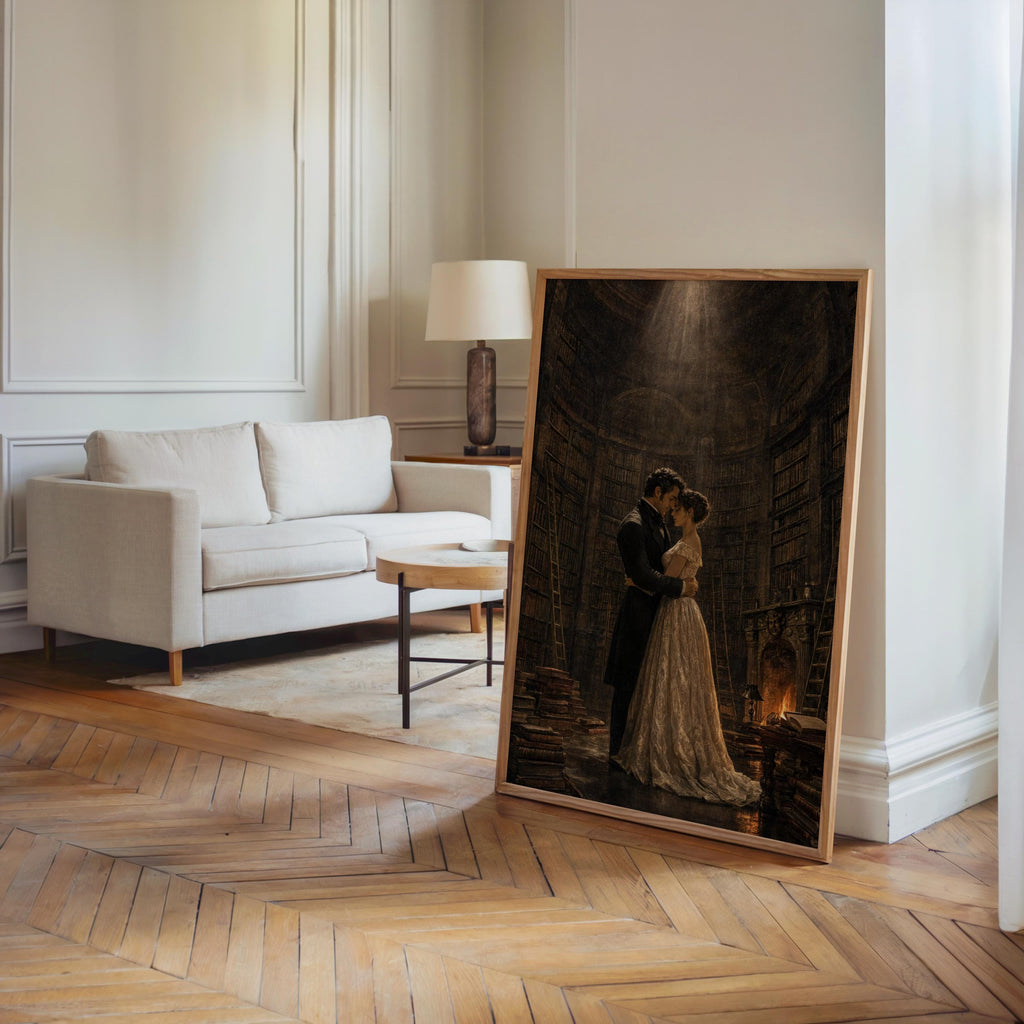 Gothic Romance Art Print, Dark Academia Library Poster, Victorian Couple Painting, Moody Reading Room Decor, Romantic Book Lover Gift