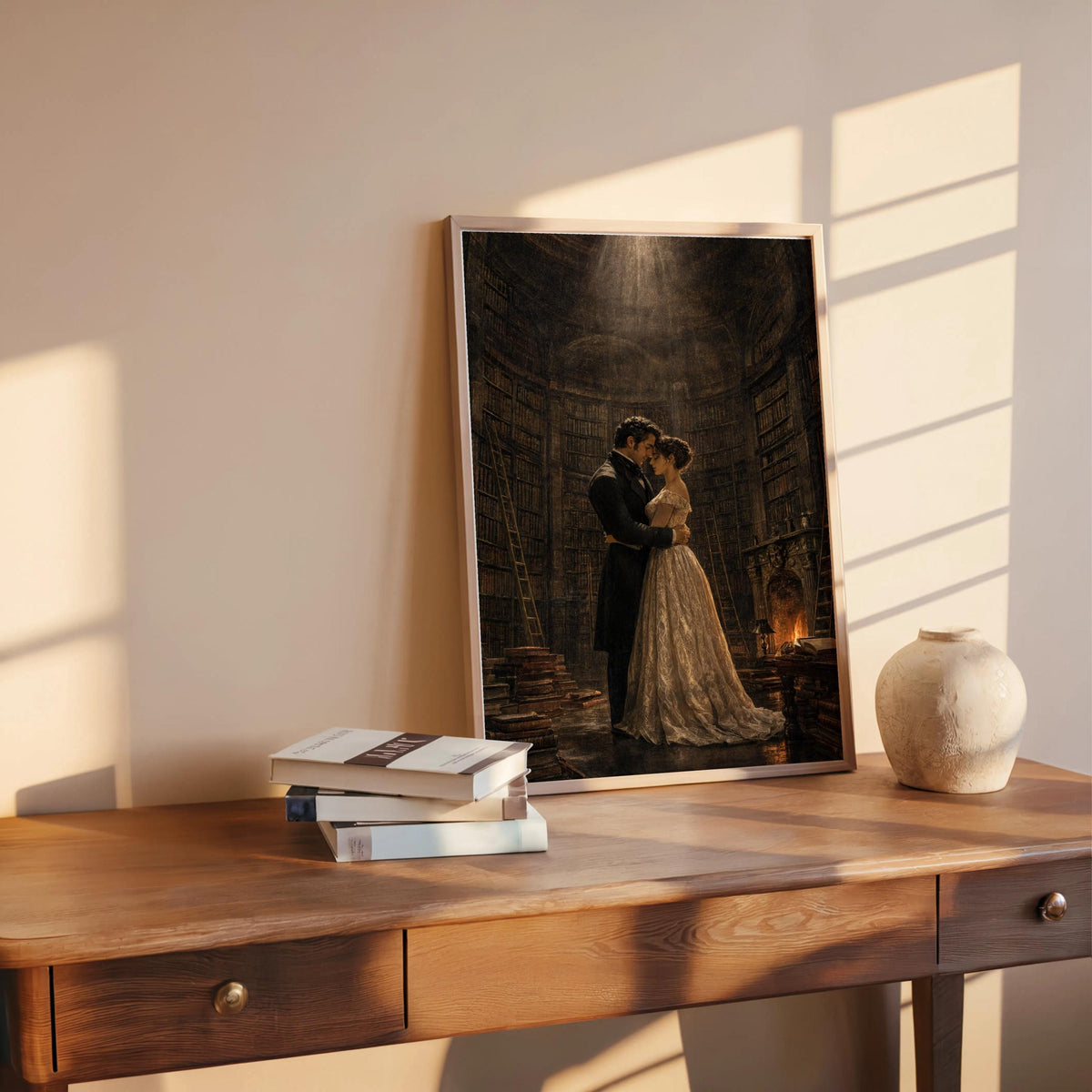 Gothic Romance Art Print, Dark Academia Library Poster, Victorian Couple Painting, Moody Reading Room Decor, Romantic Book Lover Gift