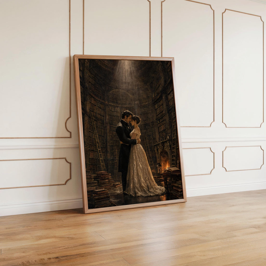 Gothic Romance Art Print, Dark Academia Library Poster, Victorian Couple Painting, Moody Reading Room Decor, Romantic Book Lover Gift