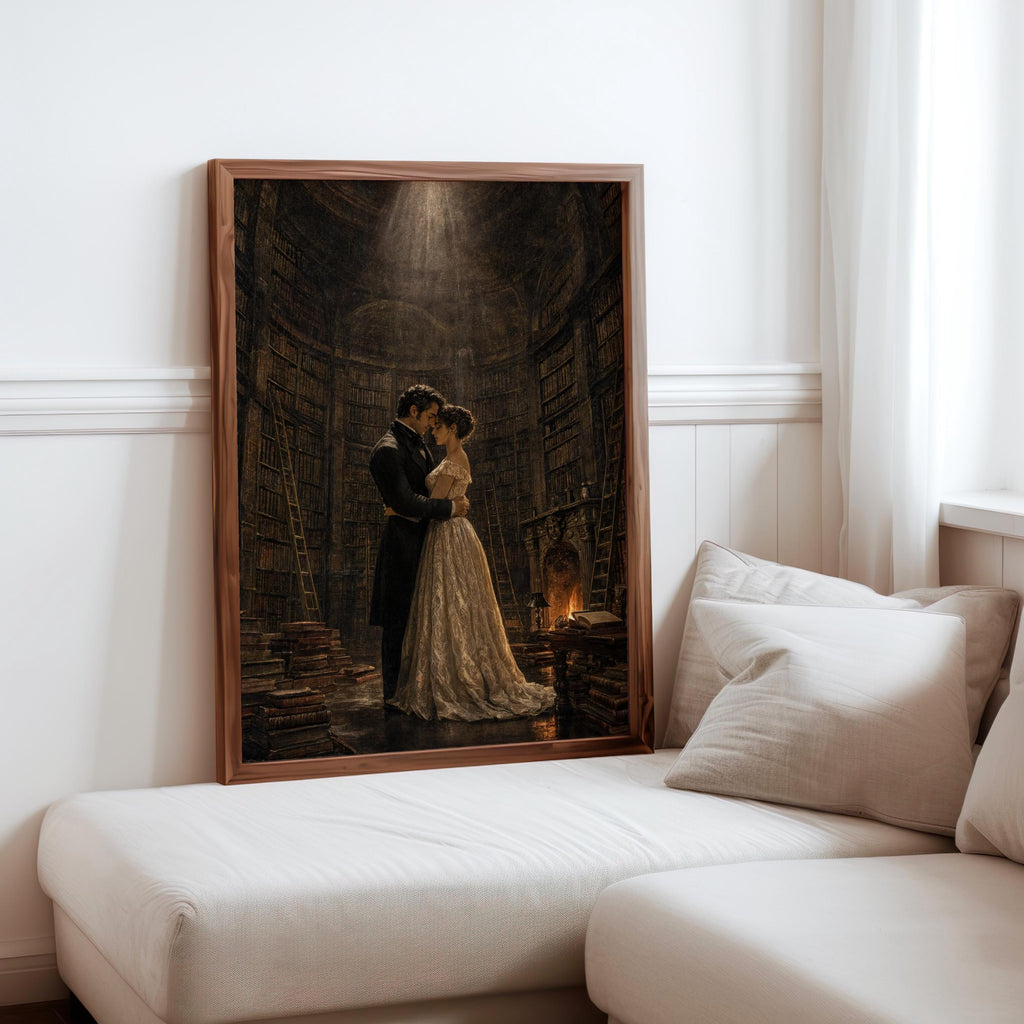 Gothic Romance Art Print, Dark Academia Library Poster, Victorian Couple Painting, Moody Reading Room Decor, Romantic Book Lover Gift