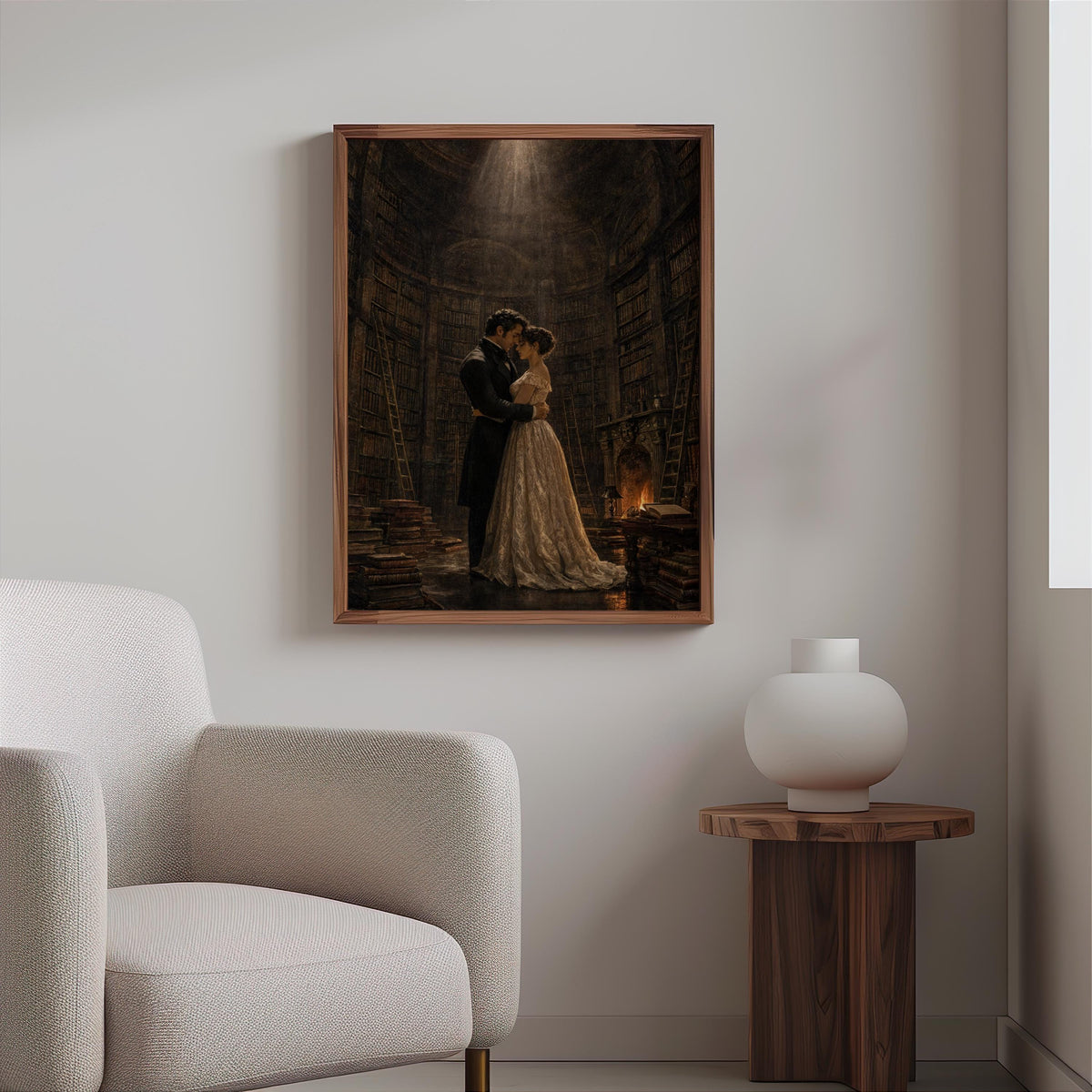 Gothic Romance Art Print, Dark Academia Library Poster, Victorian Couple Painting, Moody Reading Room Decor, Romantic Book Lover Gift