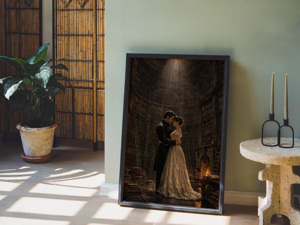 Gothic Romance Art Print, Dark Academia Library Poster, Victorian Couple Painting, Moody Reading Room Decor, Romantic Book Lover Gift