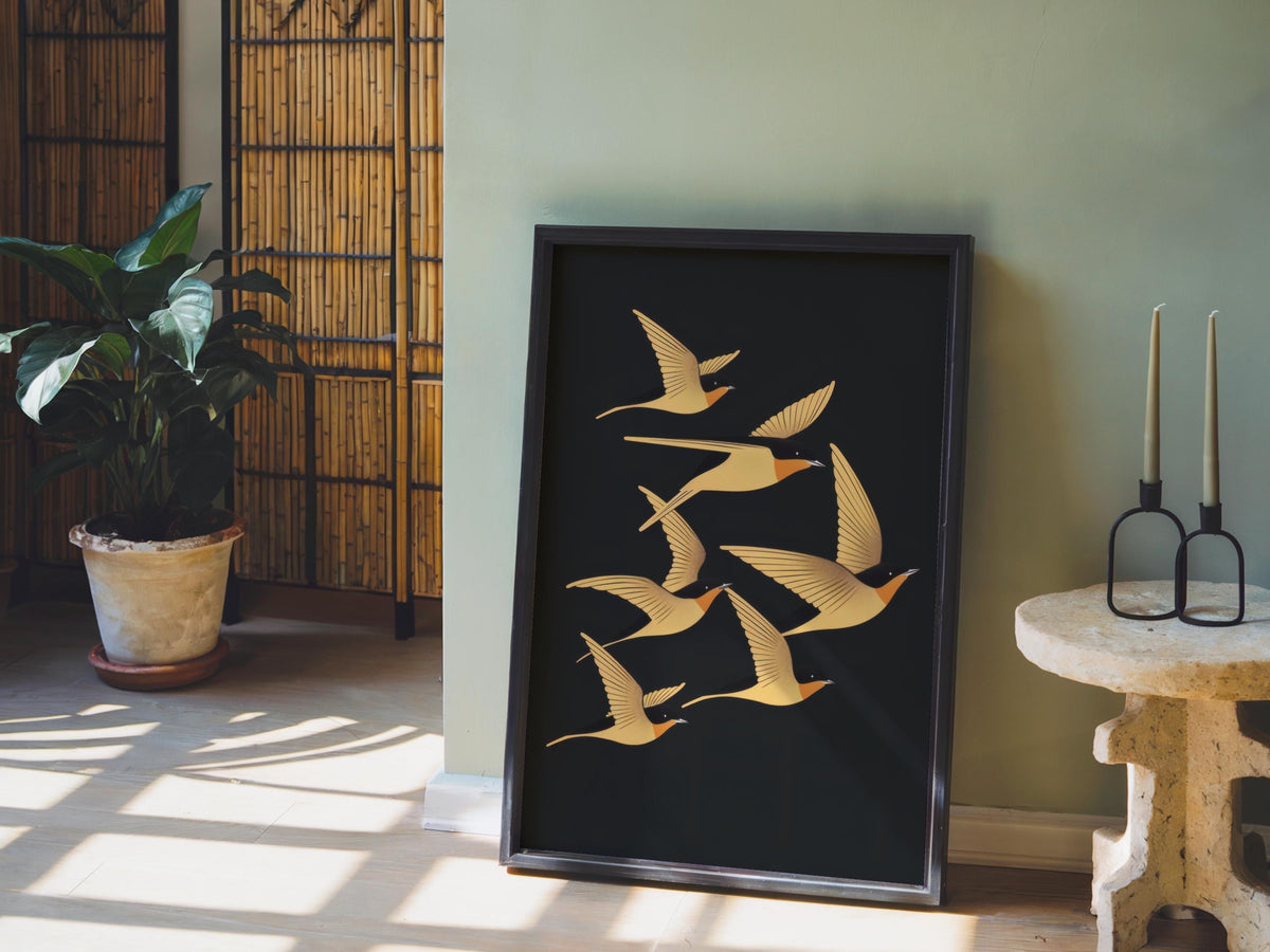 Swallow Bird Wall Art, Art Deco Inspired Flying Birds Print, Vintage Style Nature Poster, Elegant Living Room Decor, Bird Lover Gift