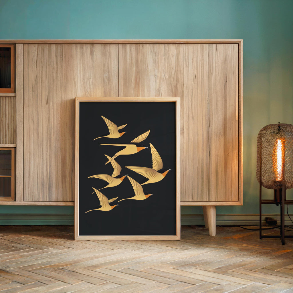 Swallow Bird Wall Art, Art Deco Inspired Flying Birds Print, Vintage Style Nature Poster, Elegant Living Room Decor, Bird Lover Gift