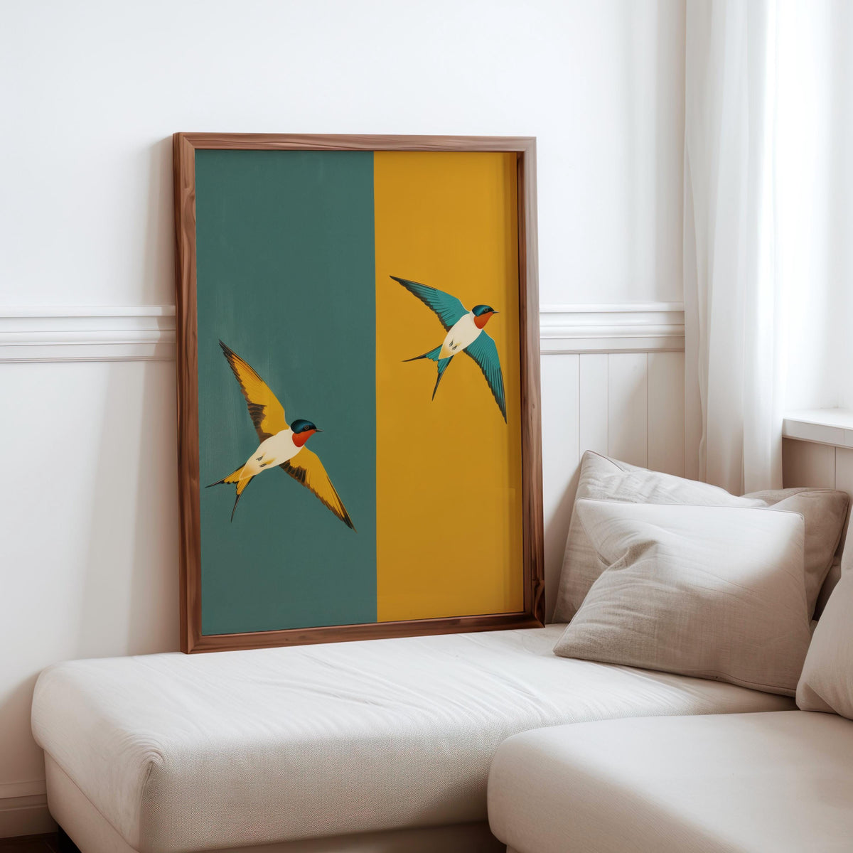 Mid Century Swallow Print, Modern Teal Yellow Geometric Bird Poster, Art Deco Two Birds Wall Art, Minimalist Retro Nature Decor