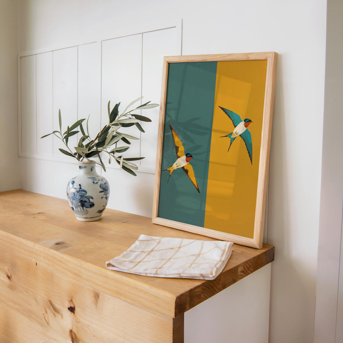Mid Century Swallow Print, Modern Teal Yellow Geometric Bird Poster, Art Deco Two Birds Wall Art, Minimalist Retro Nature Decor