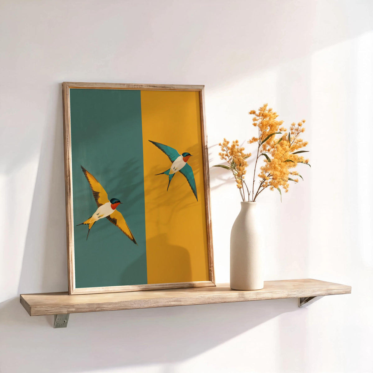 Mid Century Swallow Print, Modern Teal Yellow Geometric Bird Poster, Art Deco Two Birds Wall Art, Minimalist Retro Nature Decor