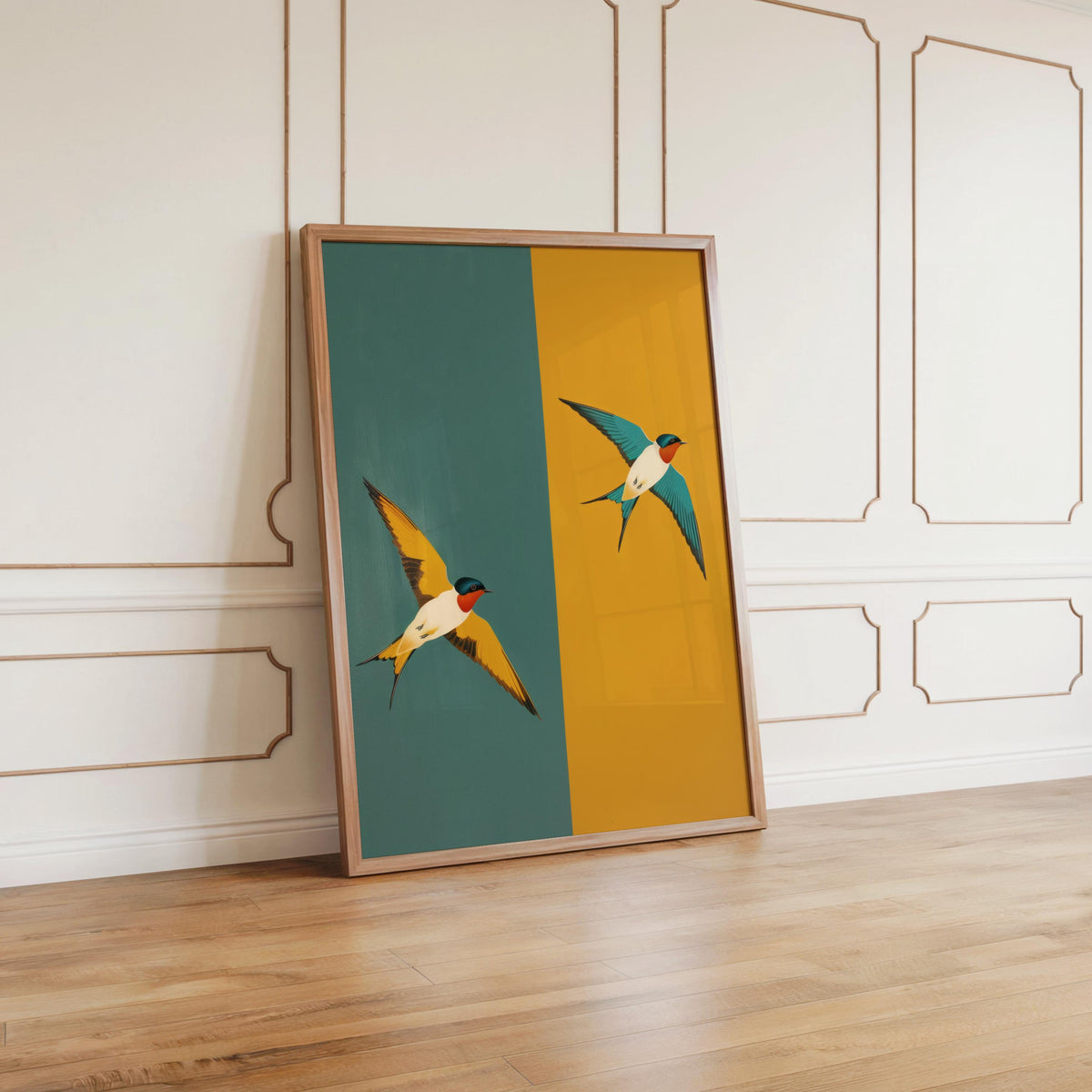 Mid Century Swallow Print, Modern Teal Yellow Geometric Bird Poster, Art Deco Two Birds Wall Art, Minimalist Retro Nature Decor