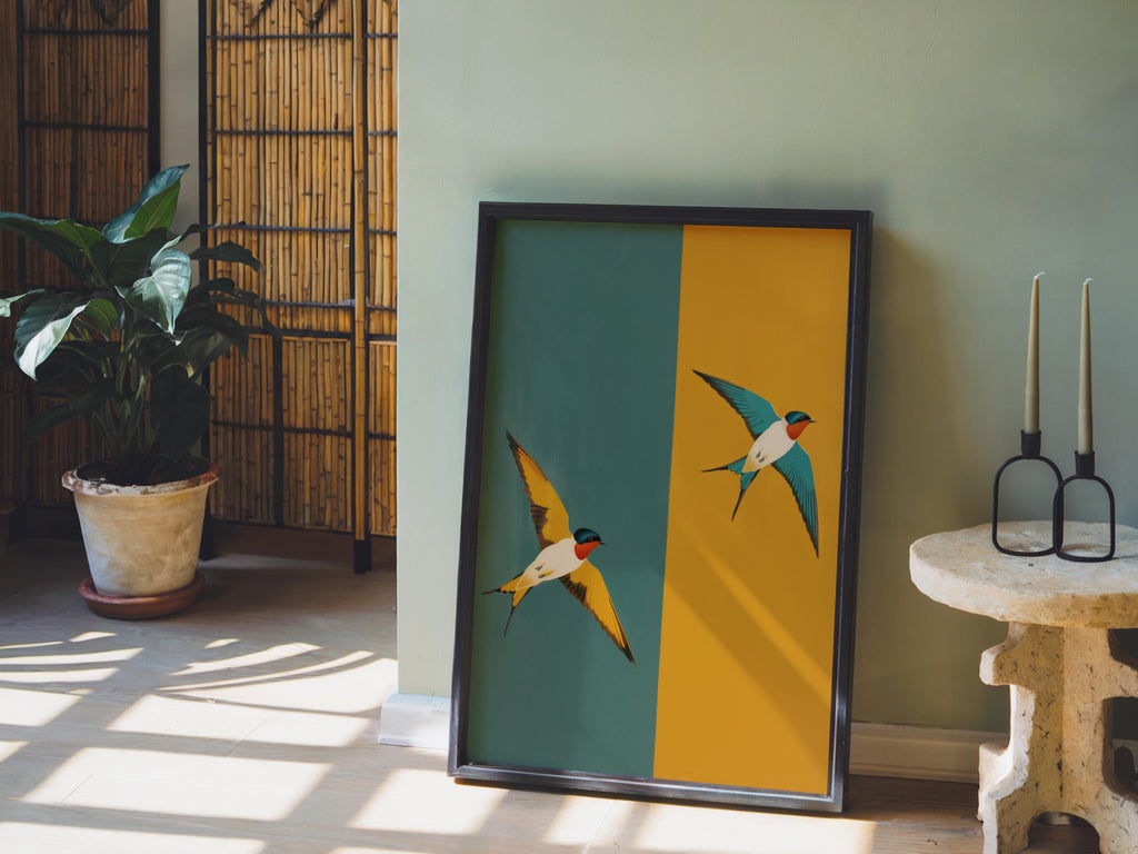 Mid Century Swallow Print, Modern Teal Yellow Geometric Bird Poster, Art Deco Two Birds Wall Art, Minimalist Retro Nature Decor
