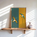 Mid Century Swallow Print, Modern Teal Yellow Geometric Bird Poster, Art Deco Two Birds Wall Art, Minimalist Retro Nature Decor