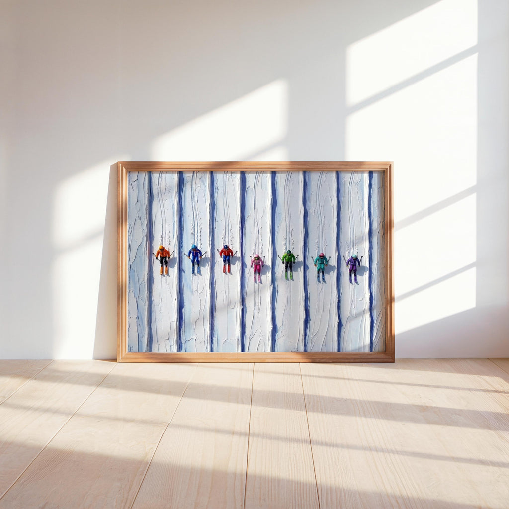 Small wood-framed vintage ski art print propped on sunlit floor, vertical icy ridges highlight color
