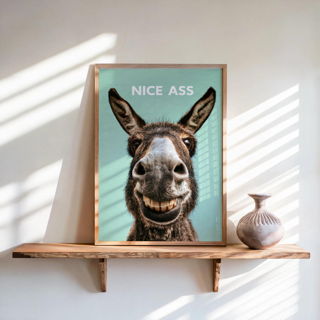 Teal toned funny donkey bathroom sign propped on shelf, sunlit wall, playful NICE ASS bathroom print vibe