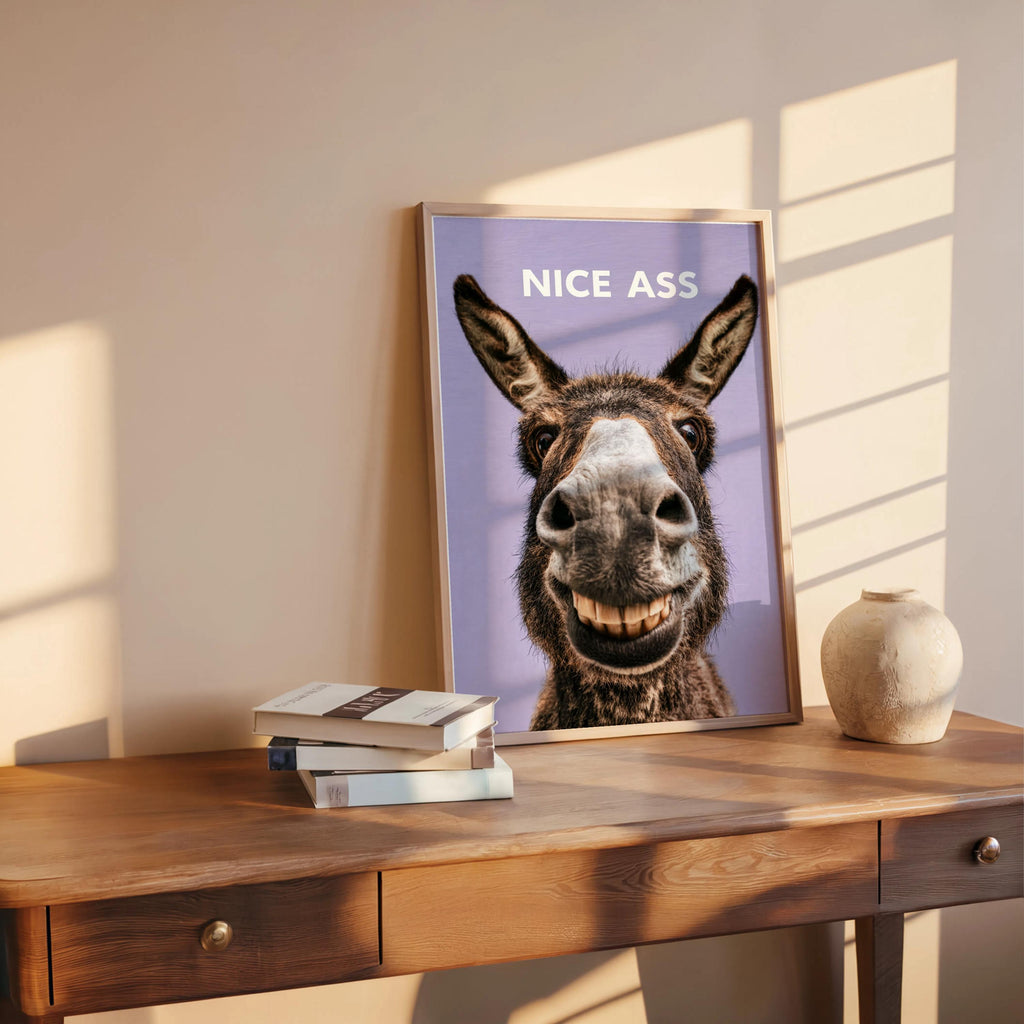 Lavender background funny donkey bathroom sign on wooden table, expressive ears, great housewarming bathroom gift