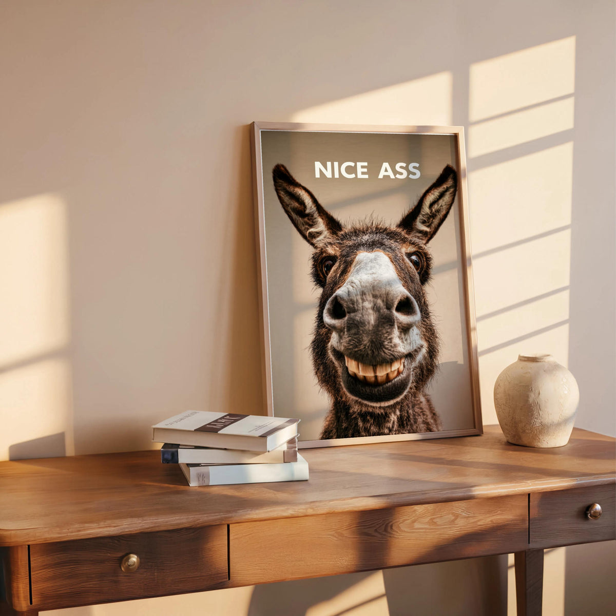 Warm beige donkey bathroom print on wood table, framed smile, playful guest bathroom sign for funny animal decor