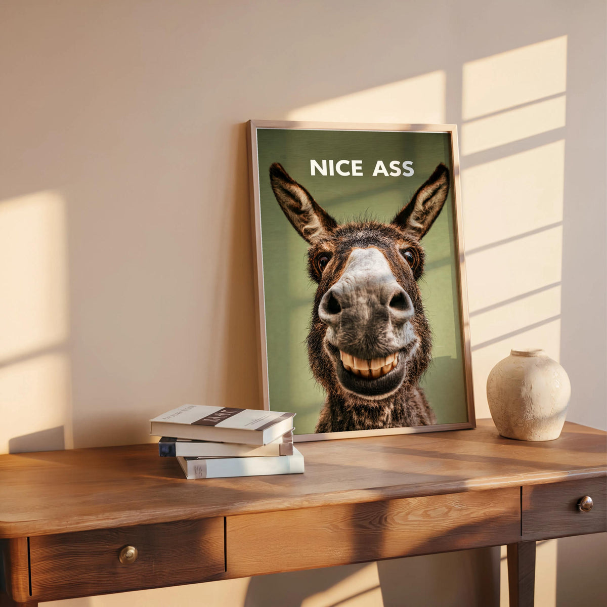 Leaning funny donkey bathroom sign on wood ledge, olive green backdrop, toothy grin, rustic poster style