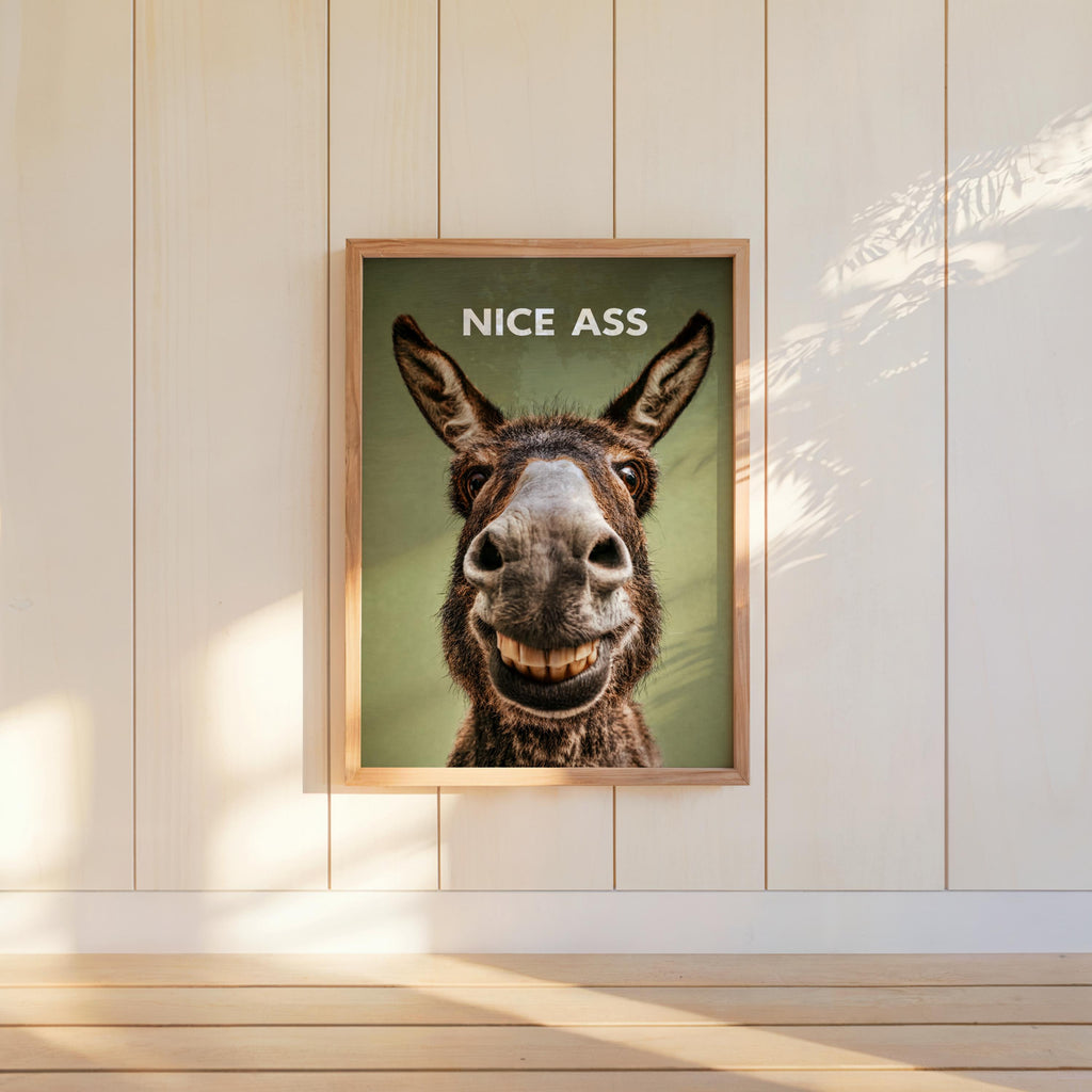 Olive toned funny donkey bathroom sign hung on paneling, rustic poster look, perfect funny toilet wall art piece