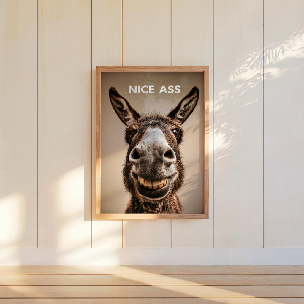 Neutral toned donkey bathroom print hung on shiplap, smiling donkey, modern rustic cheeky restroom decor