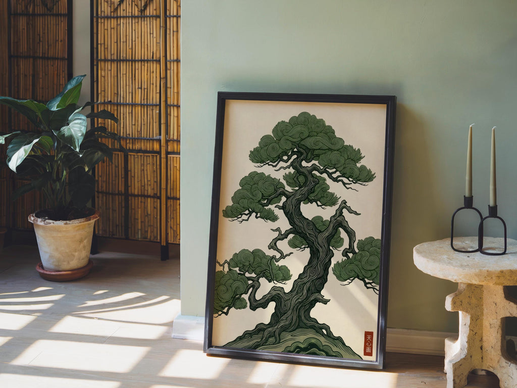 Vintage Japanese Pine Tree Art, Woodblock Style Japandi Poster, Botanical Print