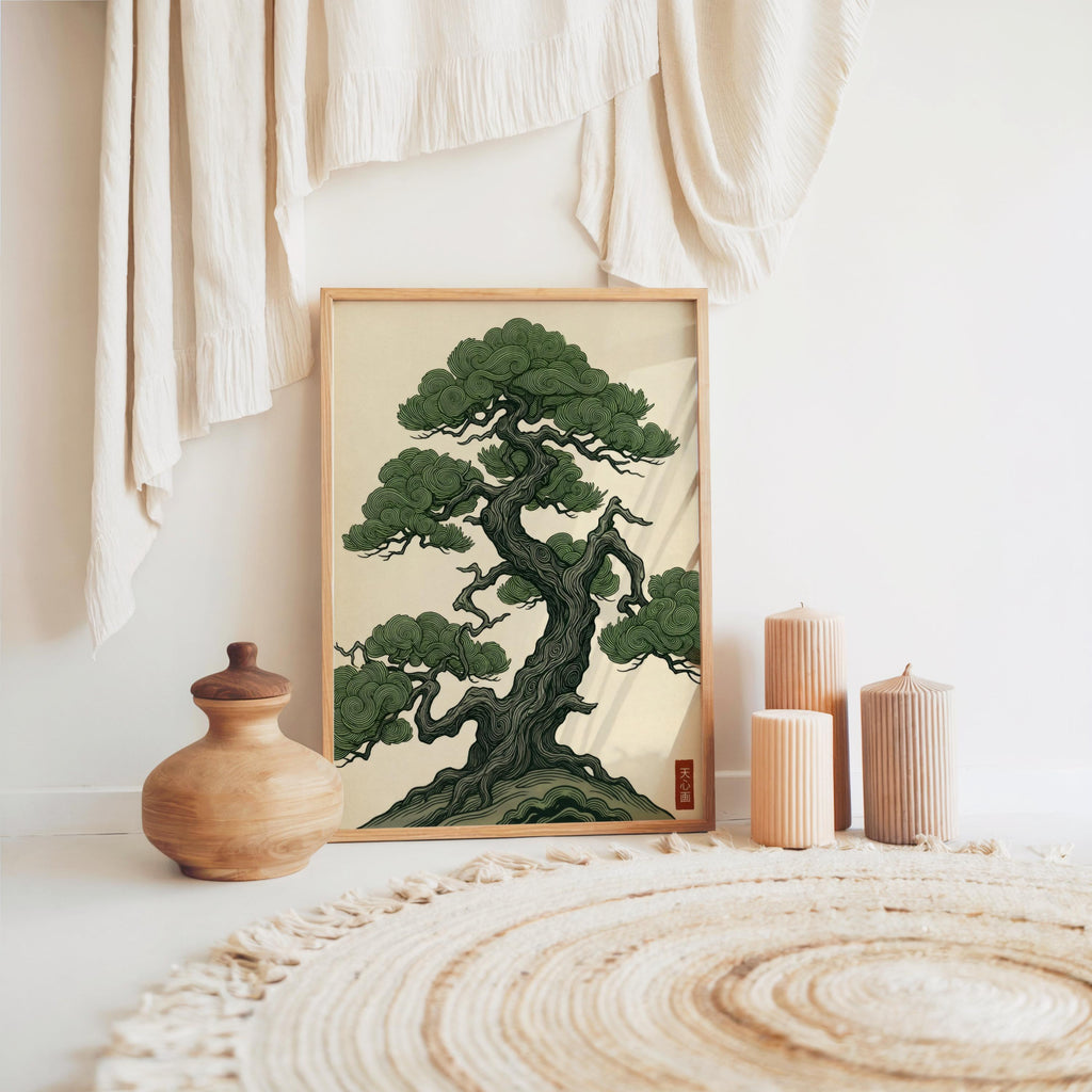 Vintage Japanese Pine Tree Art, Woodblock Style Japandi Poster, Botanical Print