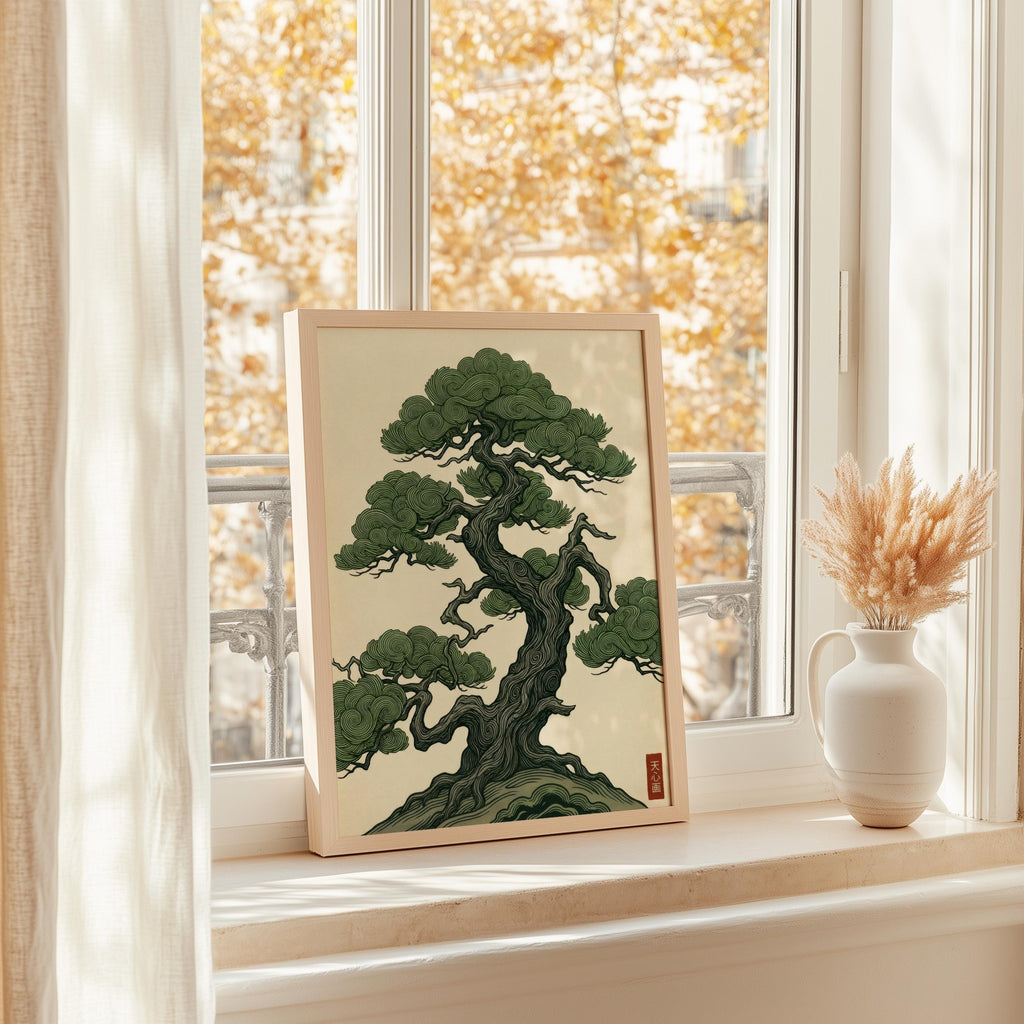 Vintage Japanese Pine Tree Art, Woodblock Style Japandi Poster, Botanical Print