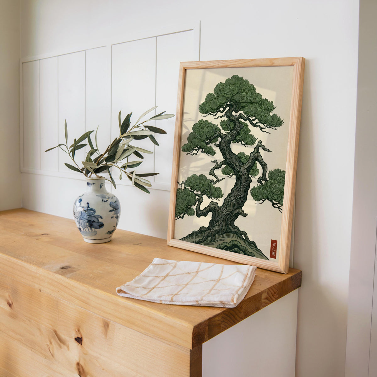 Vintage Japanese Pine Tree Art, Woodblock Style Japandi Poster, Botanical Print