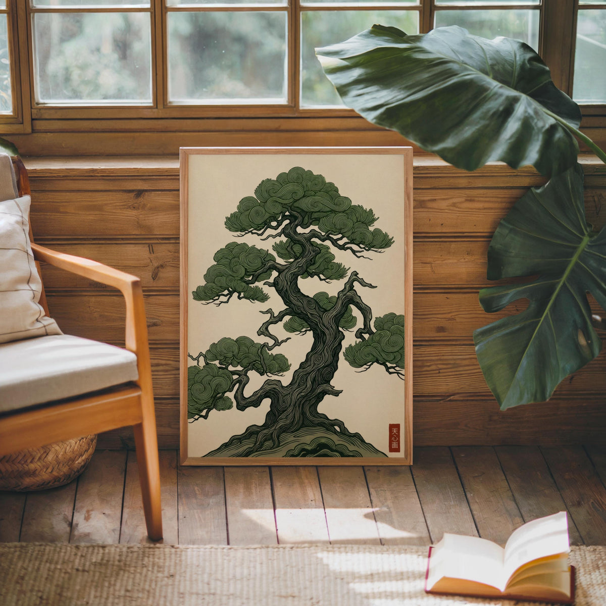 Vintage Japanese Pine Tree Art, Woodblock Style Japandi Poster, Botanical Print