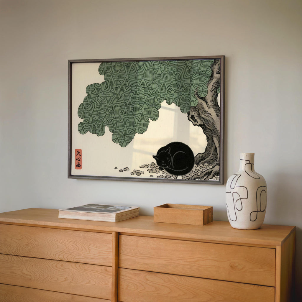 Sleeping Black Cat Japanese Woodblock Style Poster, Swirl Botanical Print, Japandi Zen Wall Decor