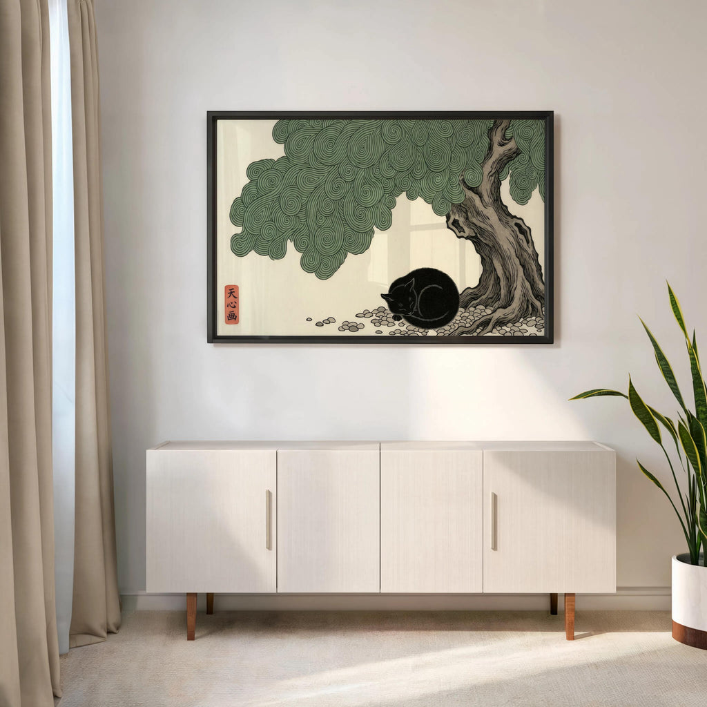 Sleeping Black Cat Japanese Woodblock Style Poster, Swirl Botanical Print, Japandi Zen Wall Decor