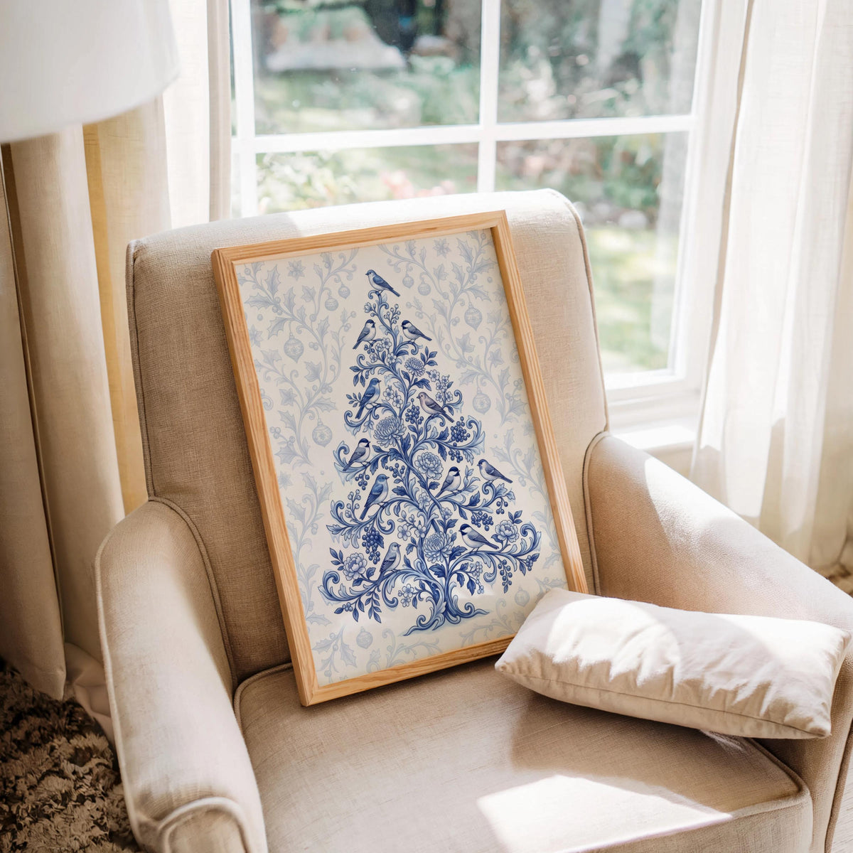 Chinoiserie Christmas Tree Print, Blue and White Holiday Decor, Grandmillennial Winter Poster, Floral & Birds Chinese Wallpaper