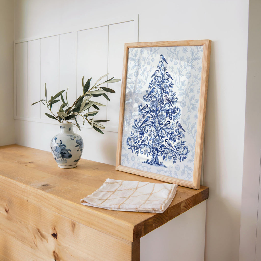 Chinoiserie Christmas Tree Print, Blue and White Holiday Decor, Grandmillennial Winter Poster, Floral & Birds Chinese Wallpaper