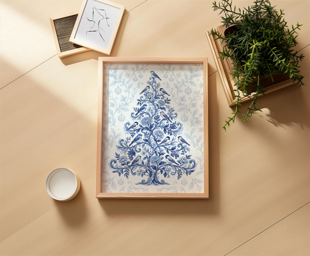 Chinoiserie Christmas Tree Print, Blue and White Holiday Decor, Grandmillennial Winter Poster, Floral & Birds Chinese Wallpaper