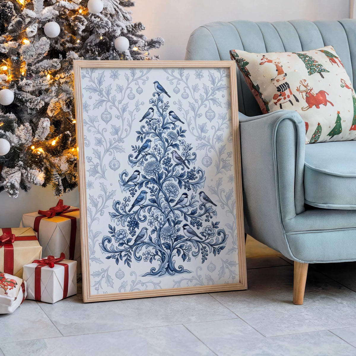 Chinoiserie Christmas Tree Print, Blue and White Holiday Decor, Grandmillennial Winter Poster, Floral & Birds Chinese Wallpaper