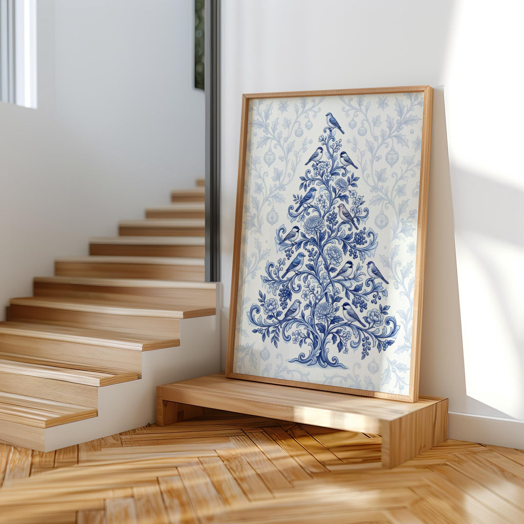Chinoiserie Christmas Tree Print, Blue and White Holiday Decor, Grandmillennial Winter Poster, Floral & Birds Chinese Wallpaper
