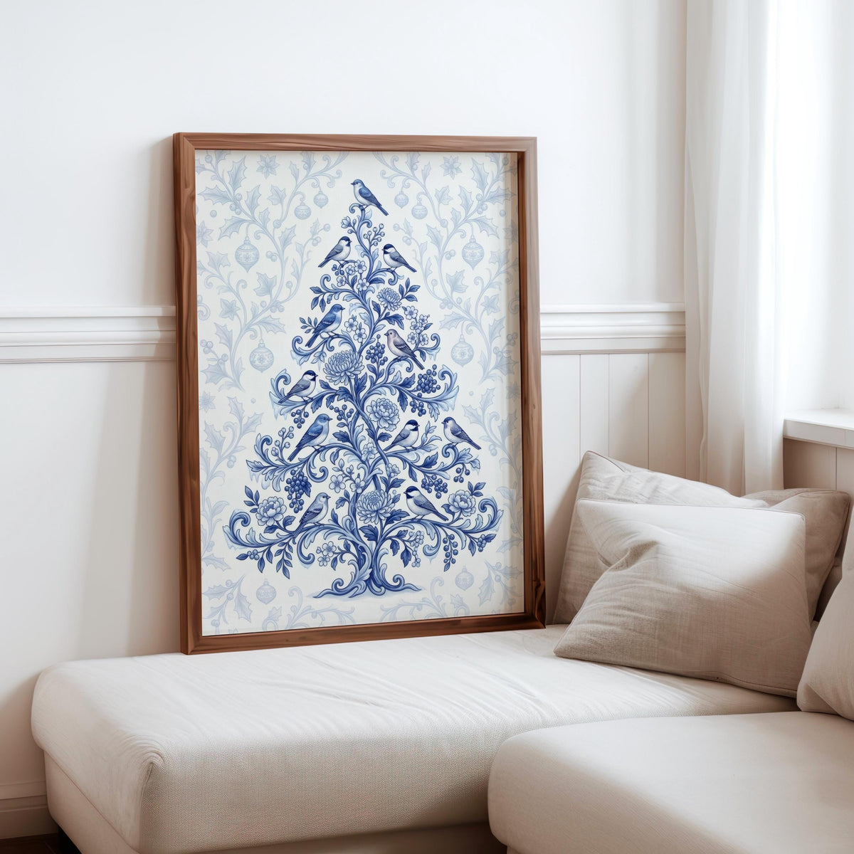 Chinoiserie Christmas Tree Print, Blue and White Holiday Decor, Grandmillennial Winter Poster, Floral & Birds Chinese Wallpaper