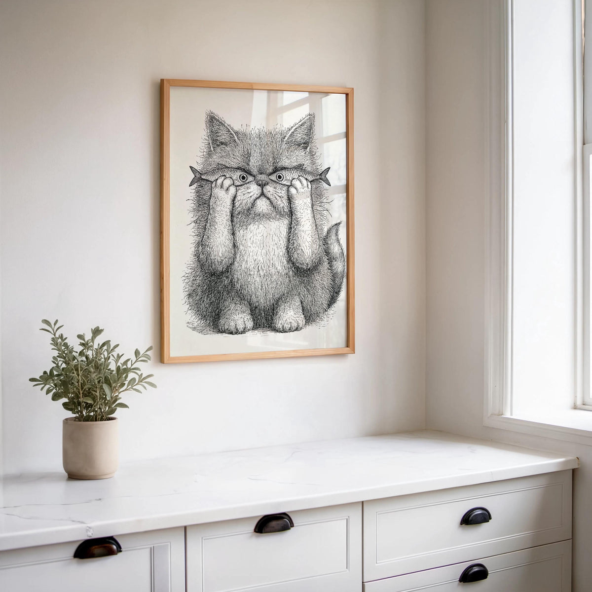 Whimsical Cat Art, Funny Cat with Fish Print, Playful Wall Decor, Weird Medieval Cat Poster, Quirky Animal Illustration