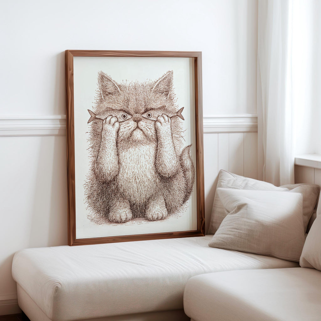 Whimsical Cat Art, Funny Cat with Fish Print, Playful Wall Decor, Weird Medieval Cat Poster, Quirky Animal Illustration