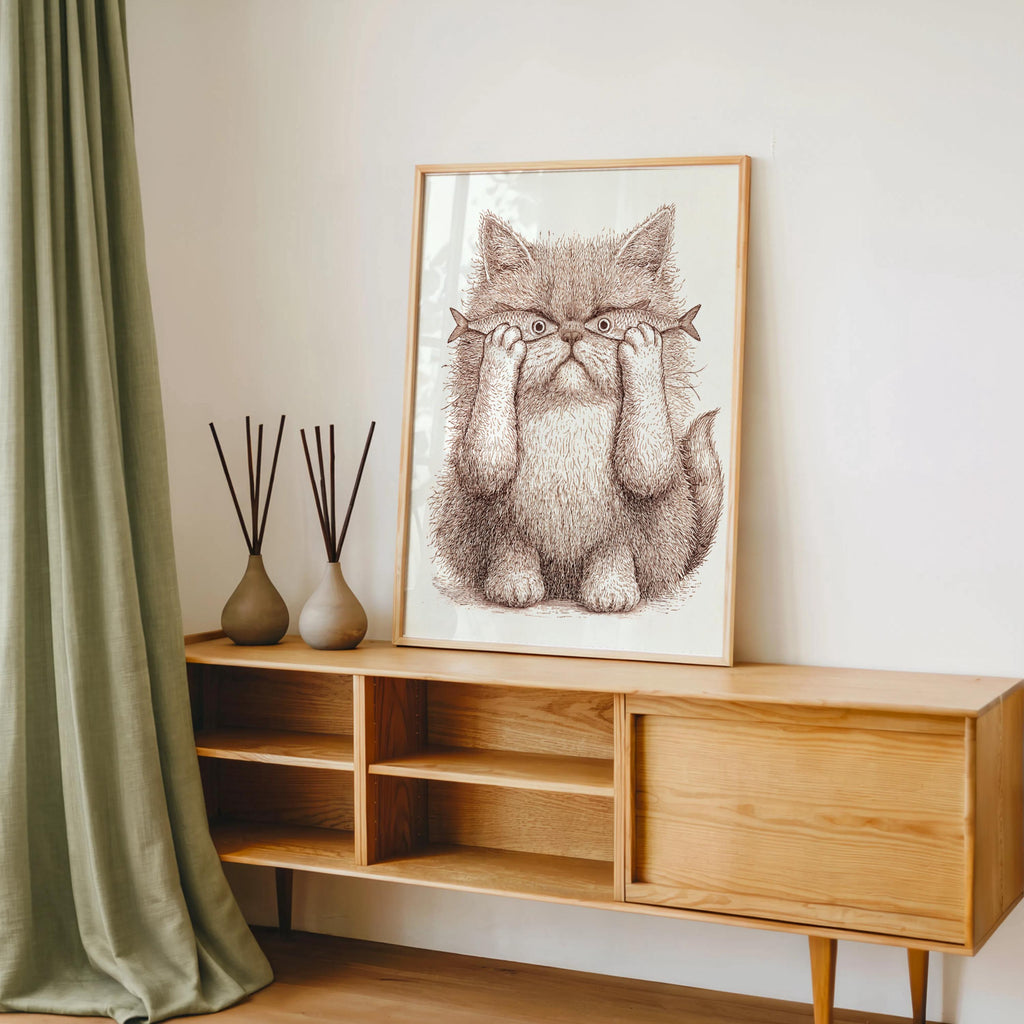 Whimsical Cat Art, Funny Cat with Fish Print, Playful Wall Decor, Weird Medieval Cat Poster, Quirky Animal Illustration